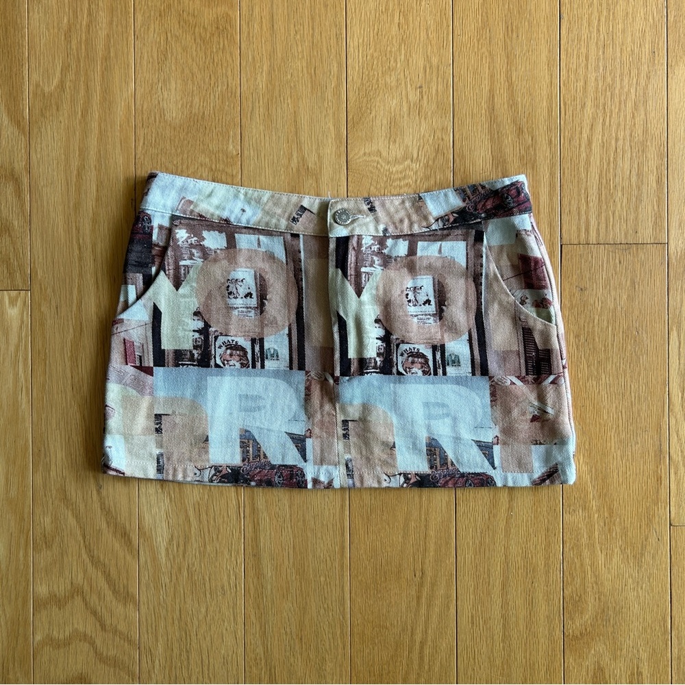 Peppermayo Y2K Denim Graphic Mini Skirt Brown Cream Tan Letters Race Cars US 4